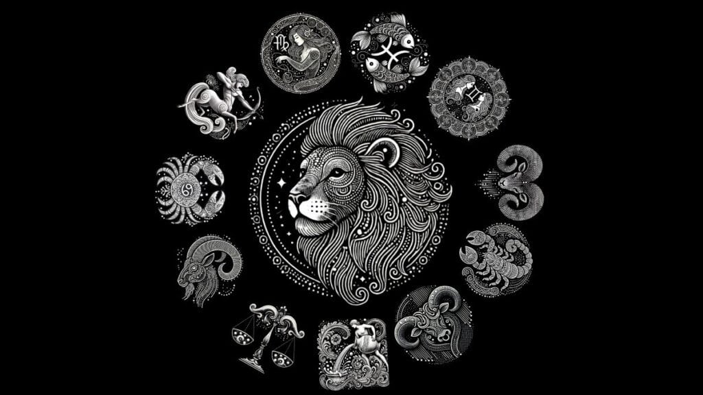 Intricate black and white zodiac signs illustration featuring a detailed Leo lion at the center, surrounded by all 12 astrology symbols in a celestial mandala design.