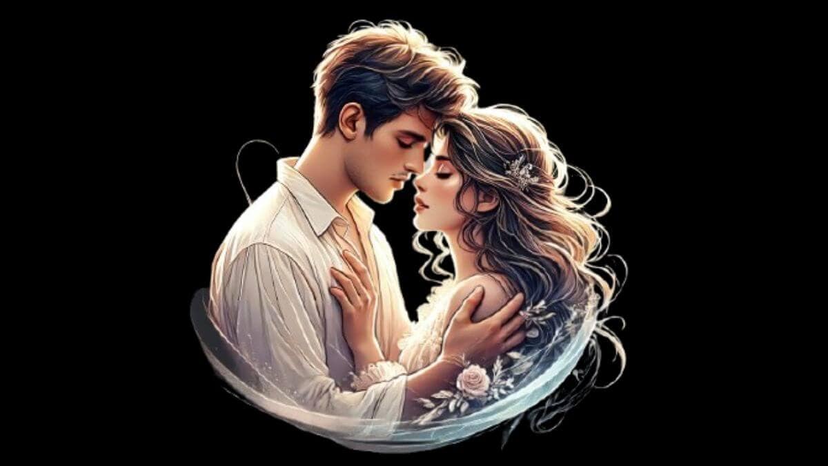 A romantic illustration of a couple embracing against a celestial backdrop, symbolizing love compatibility by zodiac signs.